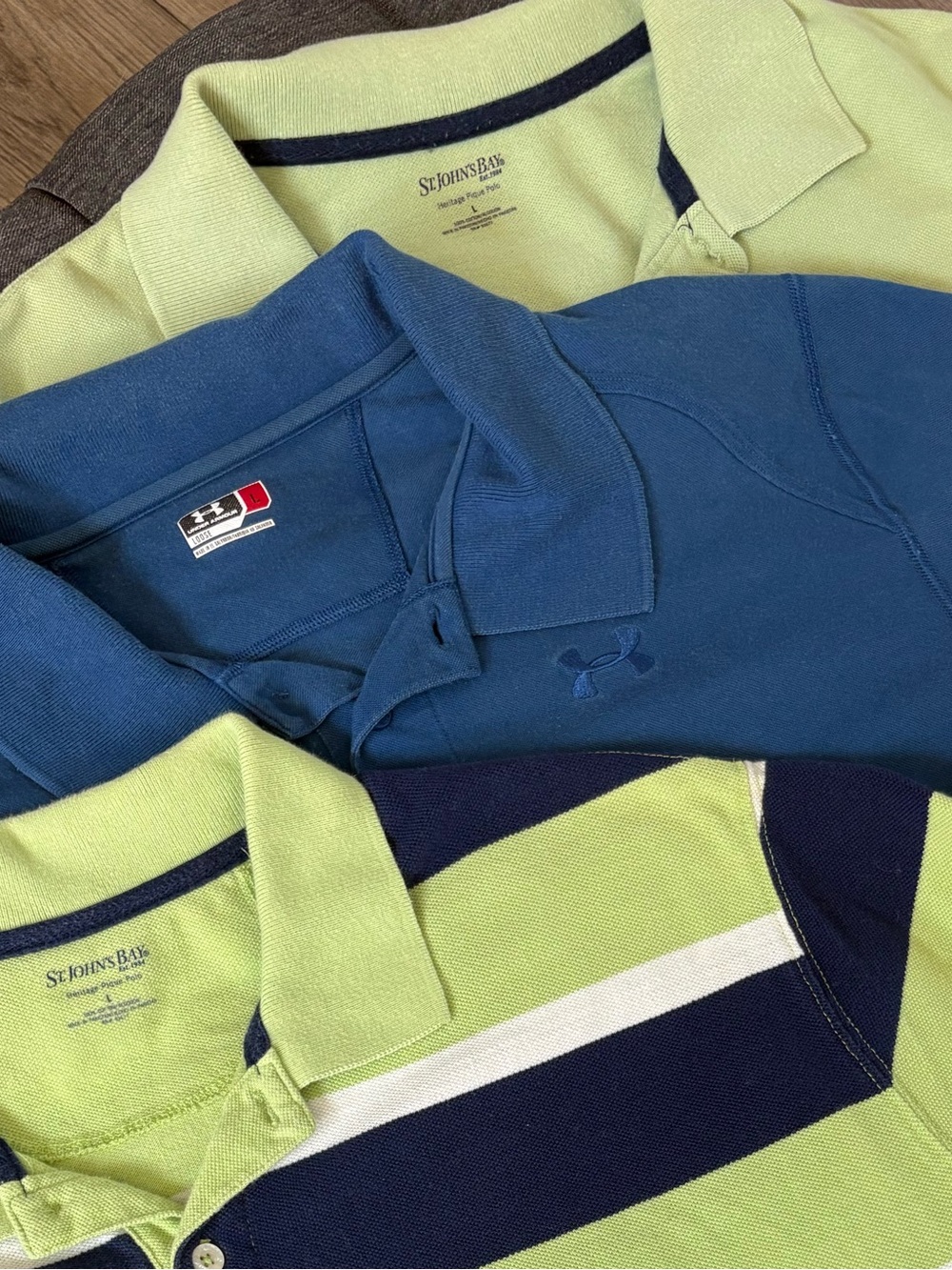 MENS 3 SHIRT POLO BUNDLE Striped, BLUE AND LIME SIZE LARGE